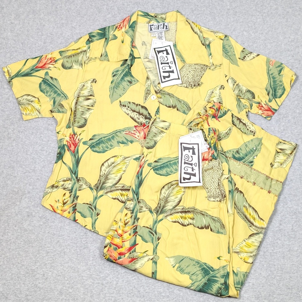 Vintage FAITH 2-Piece Set Button Shirt & Pants L/XL Tropical Paradise Beaded NEW